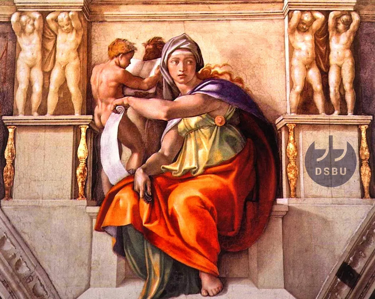 'Дельфийская сивилла', фрагмент росписи потолка Сикстинской капеллы, Микеланджело Буонарроти. Фреска, 1509