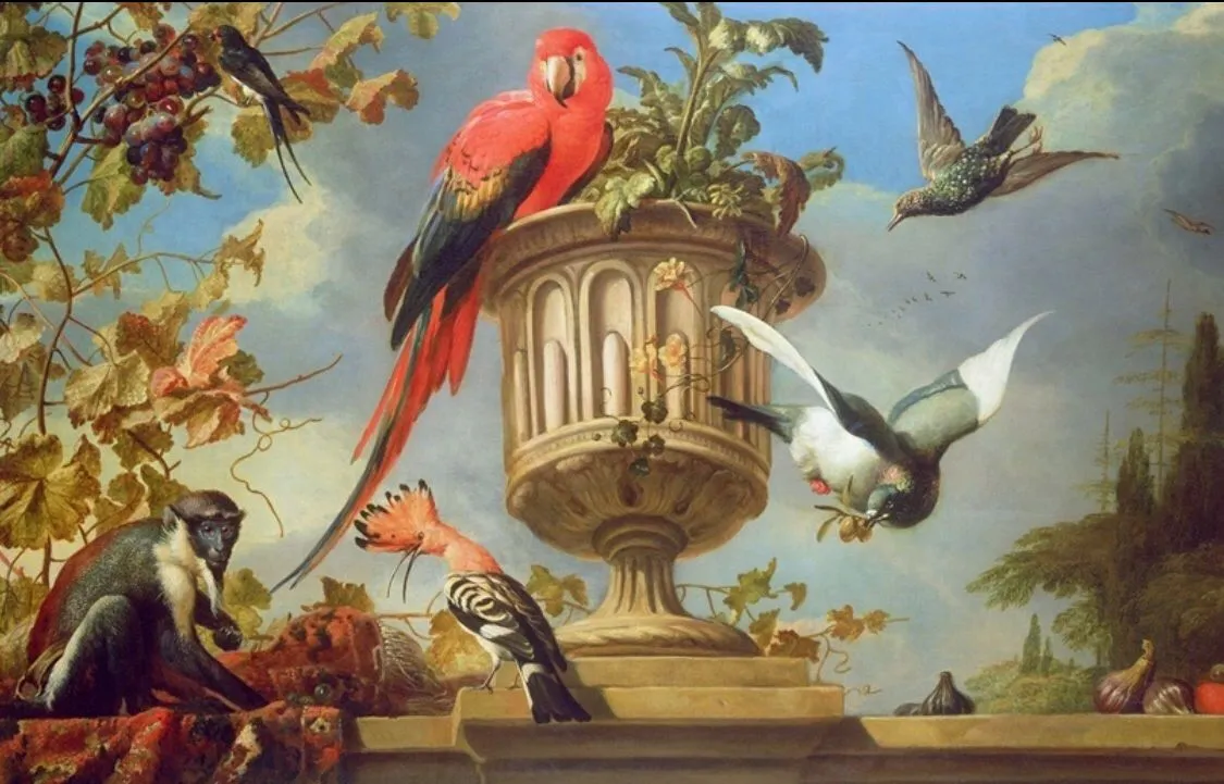 'Алый ара сидит на вазе в компании других птиц и обезьяны, поедающей виноград', Мельхиор де Хондекутер